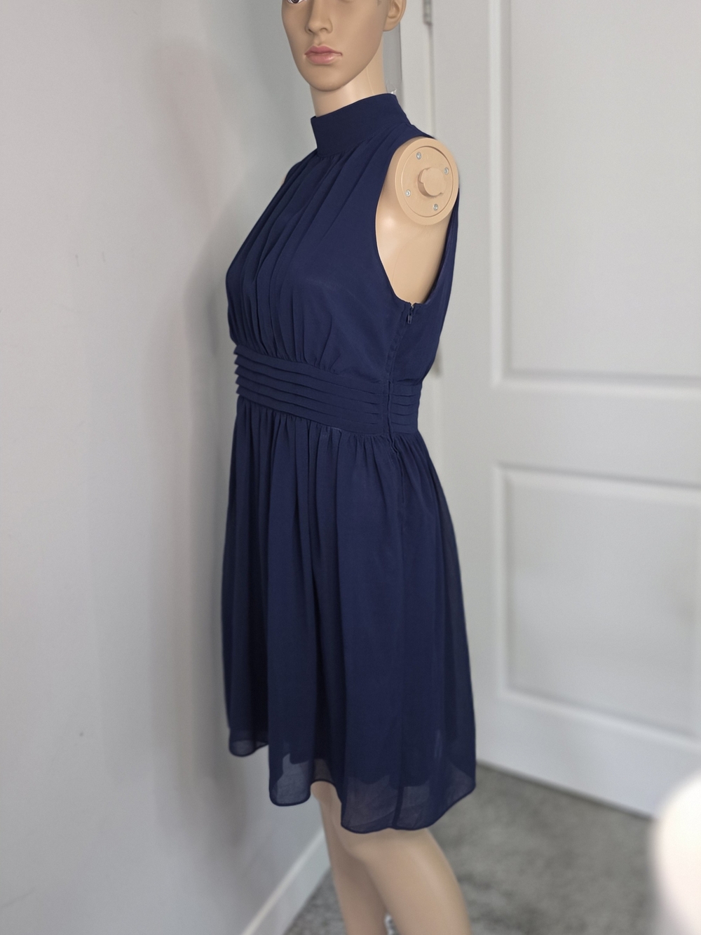 Ya Los Angeles Windy City Navy Halter Midi Dress Sz L Side Zip Lined Chiffon - Picture 12 of 16